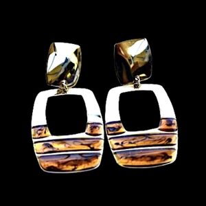 Vintage Gold Boubon Brown Marbled Rectangle Square in the Middle Earrings